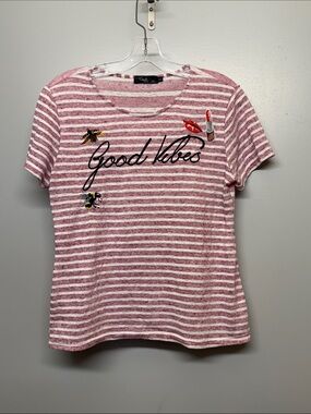 Camila Coelho Linen Blend Embroidered Pink & White Striped "Good Vibes" Top